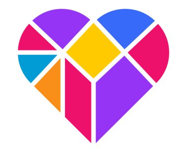 Creative use of tangram pieces forming a heart in bright colors, showcasing puzzle art and design.
