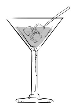 Martini bardağında buz küpleri ve pipetli bir kokteyl çizimi..