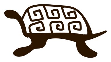 Kültürel ve sanatsal projeler için ideal, dönen geometrik motiflerle karışık Aztek kaplumbağa çizimi.