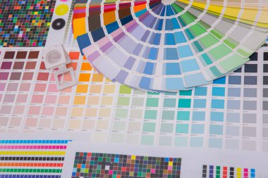 Renk yönetimine basın. Cmyk çizgili hoparlör ve renk paletleri. Ticari baskı.