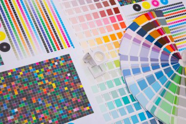 Renk yönetimine basın. Cmyk çizgili hoparlör ve renk paletleri. Ticari baskı.