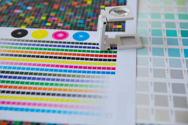 Renk yönetimine basın. Cmyk çizgili hoparlör ve renk paletleri. Ticari baskı.