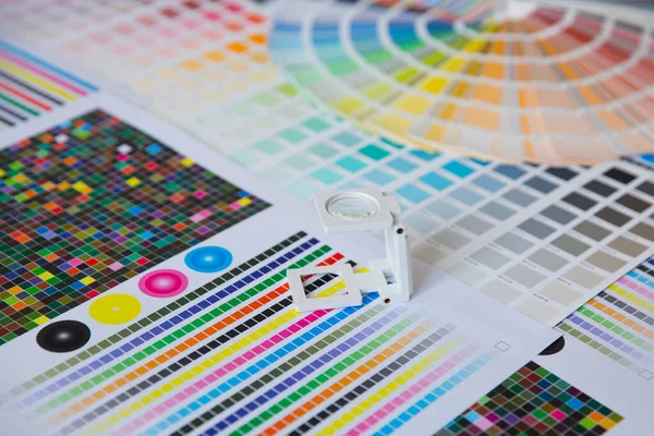 Renk yönetimine basın. Cmyk çizgili hoparlör ve renk paletleri. Ticari baskı.