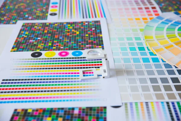Renk yönetimine basın. Cmyk çizgili hoparlör ve renk paletleri. Ticari baskı.