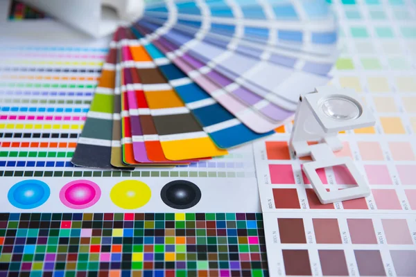 Renk yönetimine basın. Cmyk çizgili hoparlör ve renk paletleri. Ticari baskı.