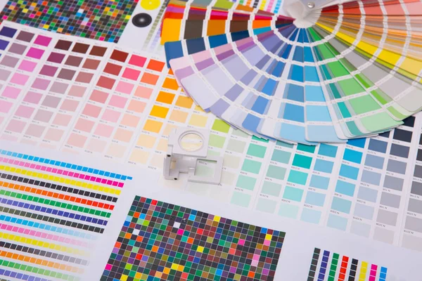 Renk yönetimine basın. Cmyk çizgili hoparlör ve renk paletleri. Ticari baskı.