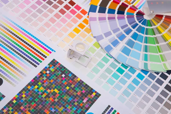 Renk yönetimine basın. Cmyk çizgili hoparlör ve renk paletleri. Ticari baskı.