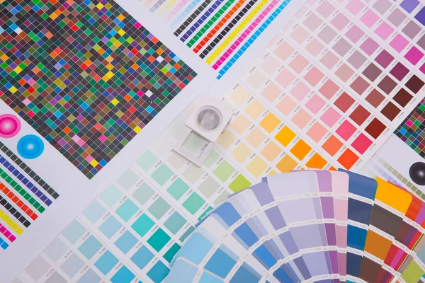 Renk yönetimine basın. Cmyk çizgili hoparlör ve renk paletleri. Ticari baskı.