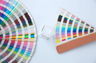 Renk yönetimine basın. Beyaz arkaplanda Cmyk çizgili loupe ve renk paleti.
