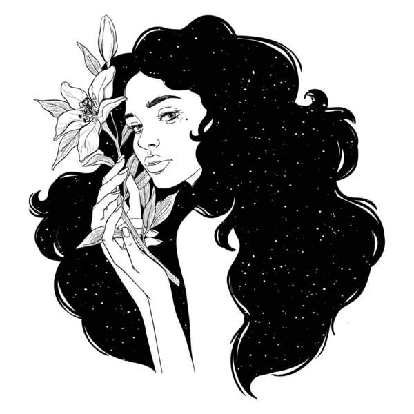Porträtt av vacker kvinna med blommor. Svart och vitt bläck illustration. Royaltyfria Stockvektorer
