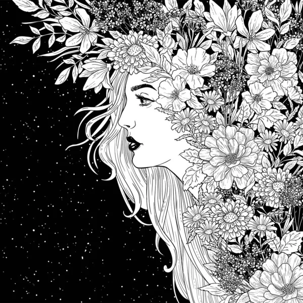 Porträtt av vacker kvinna med blommor. Svart och vitt bläck illustration. Stockvektor