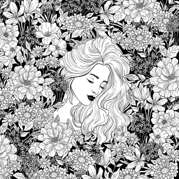 Retrato de mulher bonita com flores. Ilustração a preto e branco. — Vetor de Stock