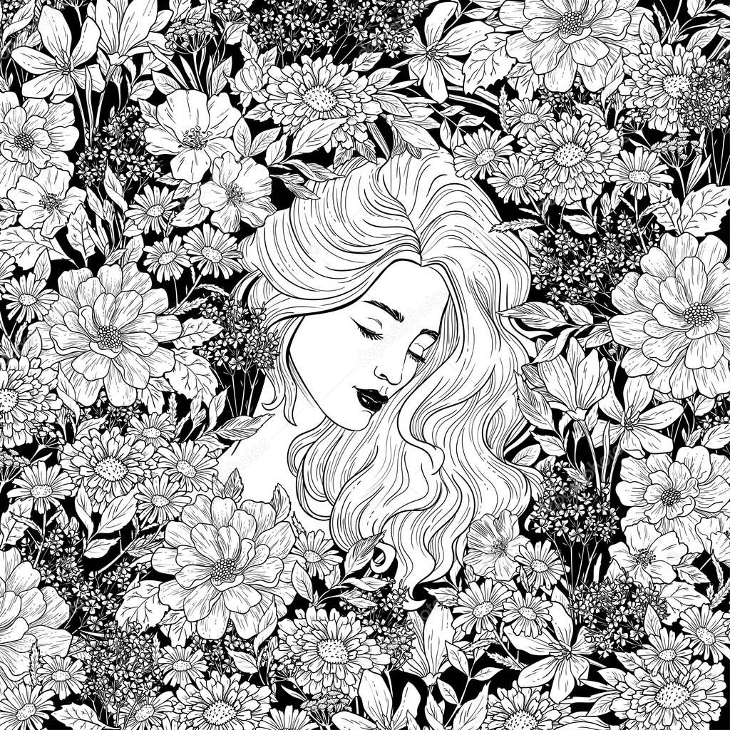 Portrait of beautiful woman with flowers. Black and white ink illustration.