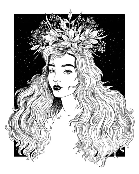 Porträtt av en ung kvinna med blommor och vackert hår. Stockillustration