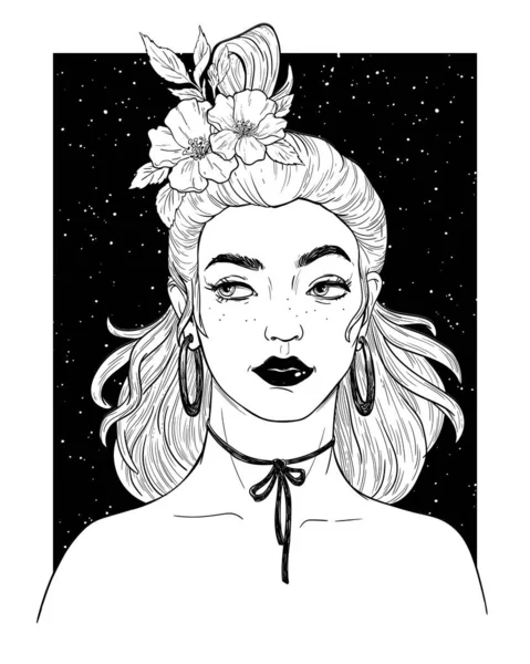 Porträtt av en ung kvinna med blommor och vackert hår. Stockillustration