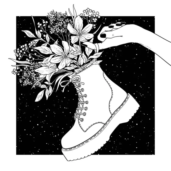 Svartvita skor med blommor. Vektor Illustration. Stockillustration