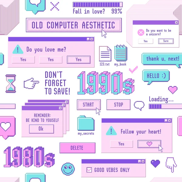 Old computer aestethic 1980s -1990s. Seamless pattern with retro pc elements and user interface. — Stock Vector