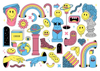 Gerçeküstü etiket paketi. Antik kültür, emoji, gökkuşağı, kemer, boşluk, merdiven vs..