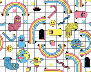 Emoji, gökkuşağı, kemer, moda psikedelik garip çizgi film tarzında sürreal vektörsüz desen.