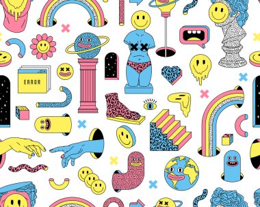 Heykel, emoji, gökkuşağı, kemer, uzay, merdiven gibi modaya uygun tuhaf çizgi film tarzıyla sürreal vektörsüz desen.