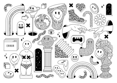 Gerçeküstü etiket paketi. Antik kültür, emoji, gökkuşağı, kemer, boşluk, merdiven vs..