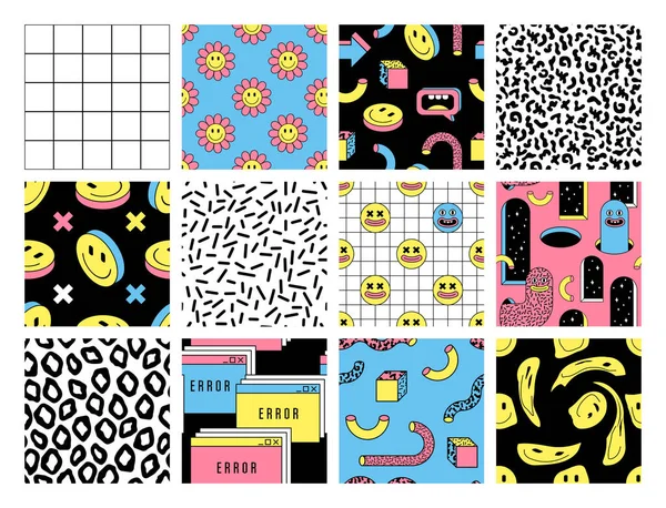 Surreal seamless patterns with emoji, arch, geometric, abstract shapes and cartoon characters in weird cartoon style. — Stock Vector