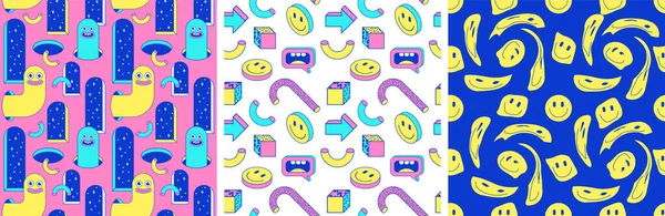 Cartoon surreal seamless patterns with emoji, arch, geometric, abstract shapes in trendy psychedelic weird style. — Stock Vector