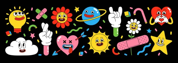 Sticker pack of funny cartoon characters. Vector illustration of comic heart, sun, planet, berry, abstract faces etc. — Stock Vector