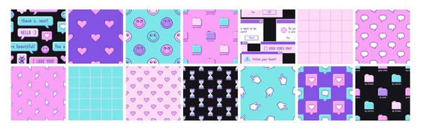 Old computer aesthetic 1980s -1990s. Big set of seamless patterns with retro pc elements. — Stock Vector