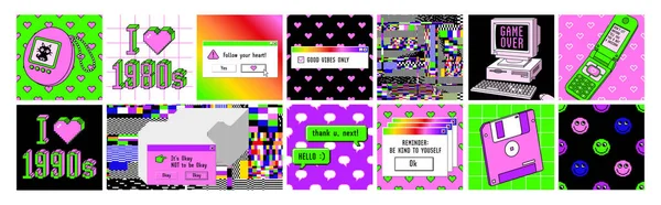 Estetyka starego komputera lat 80-tych -90-tych. Plakaty. Zestaw naklejek z elementami retro. Sztuka pikseli. Ilustracja Stockowa