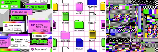 Gammal datorestetik 1980-1990-talet. Uppsättning sömlösa mönster med retro-st element och användargränssnitt. Långfenad tonfisk. Royaltyfria Stockvektorer