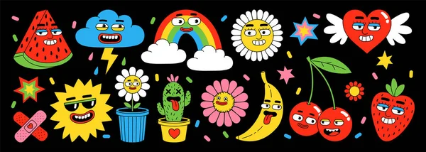 Sticker pack de personnages de dessins animés drôles. Illustration vectorielle de coeur, fruits, baies, arc-en-ciel, nuages, visages abstraits. — Image vectorielle