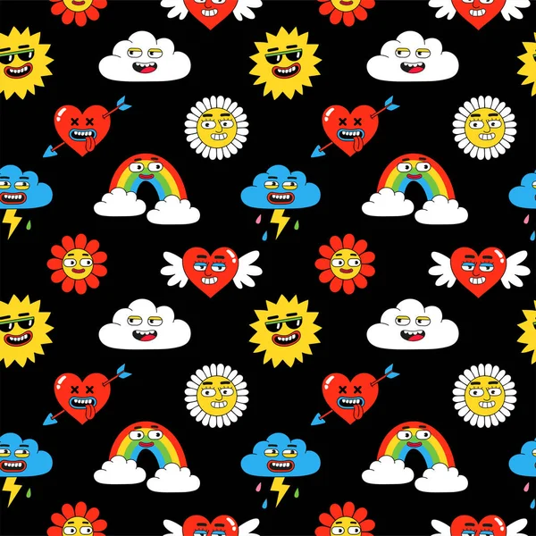 Cartoon funny seamless pattern. Vector illustration of comic heart, sun, rainbow, clouds, abstract faces etc. — Stock Vector