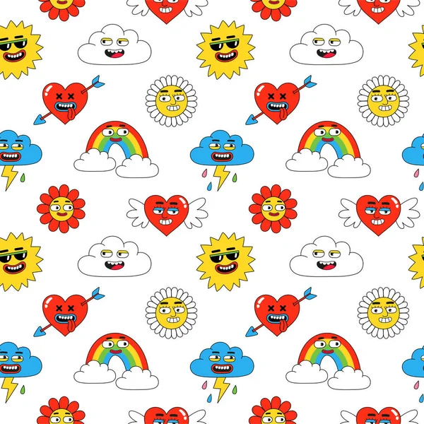 Dibujos animados patrón sin costura divertido. Ilustración vectorial de corazón cómico, sol, arco iris, nubes, caras abstractas, etc.. — Vector de stock