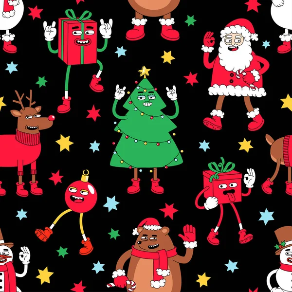 Christmas cartoon Seamless pattern with funny comic characters, snowman, reindeer, Santa Claus, Christmas tree, gift. — Stock Vector