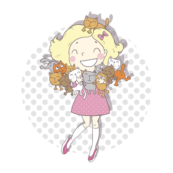 Chica en vestido rosa y gatos — Vector de stock