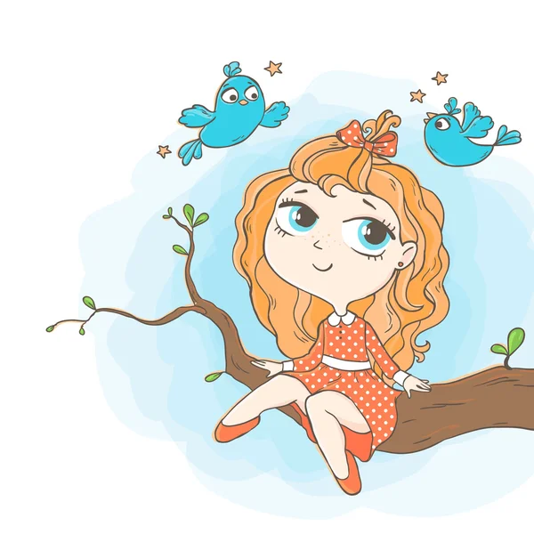 Chica sentada en rama de árbol — Vector de stock