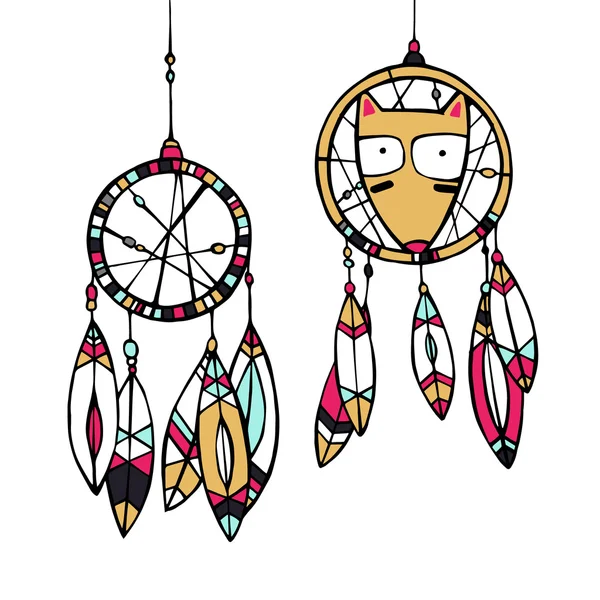 American indian fox and dream catcher — Stock Vector