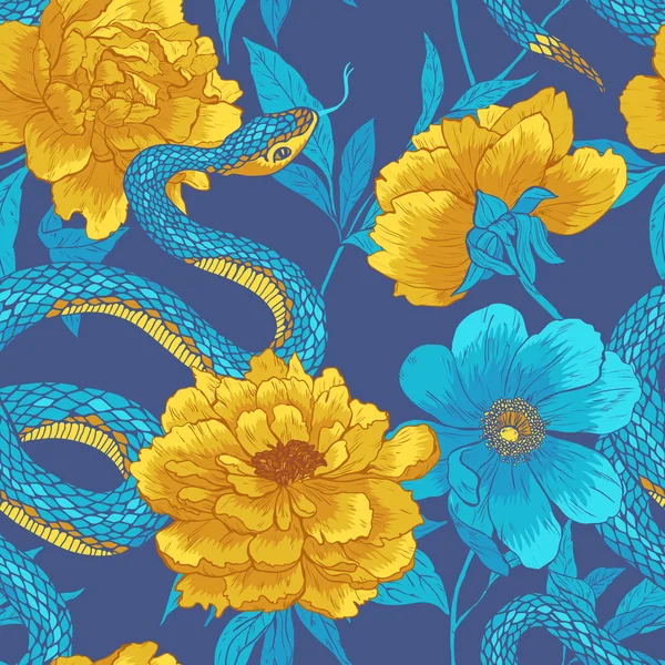 Patroon met slang en bloemen. — Stockvector