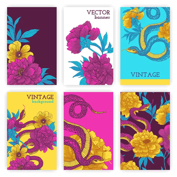 Ensemble de brochures avec serpents et fleurs . — Image vectorielle