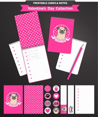 Valentines day printable set wih funny pugs. clipart