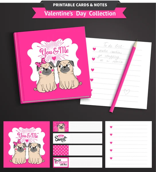 Valentines day printable set wih funny pugs. - Stok Vektor