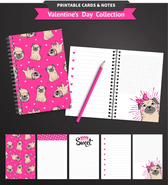 Día de San Valentín imprimible conjunto wih pugs divertidos . — Vector de stock