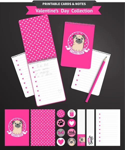 Valentines day printable set wih funny pugs. - Stok Vektor