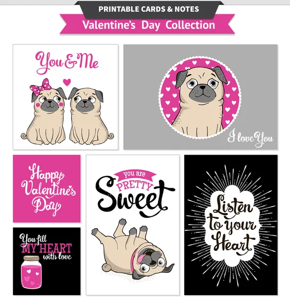 Día de San Valentín imprimible conjunto wih pugs divertidos . — Archivo Imágenes Vectoriales