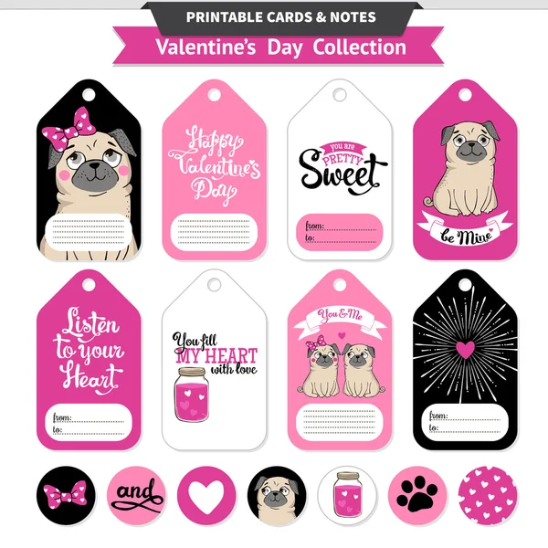 Valentines day printable set wih funny pugs. — Stock Vector