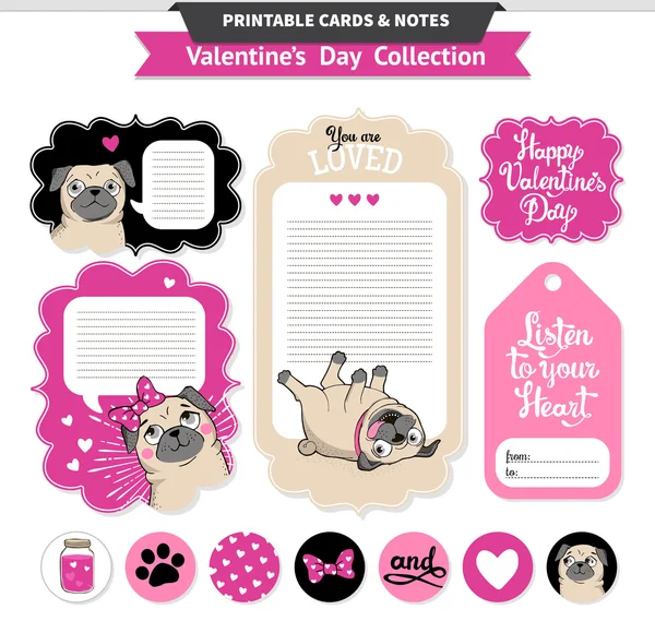 Valentines day printable set wih funny pugs. — Stock Vector