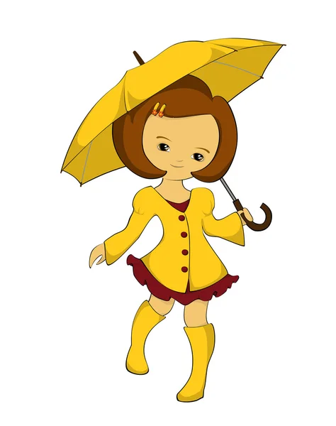 노란 우비 우산에 여자 — 스톡 벡터