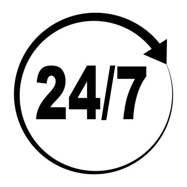 Haftada 24 gün, 7 gün. Beyaz zemin üzerinde siyah ile izole edilmiş düz vektör illüstrasyonu.