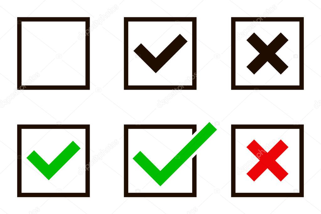 Creative vector illustration of green check mark, red cross isolated on transparent background. Right or wrong. Yes and no. Vector illustration.